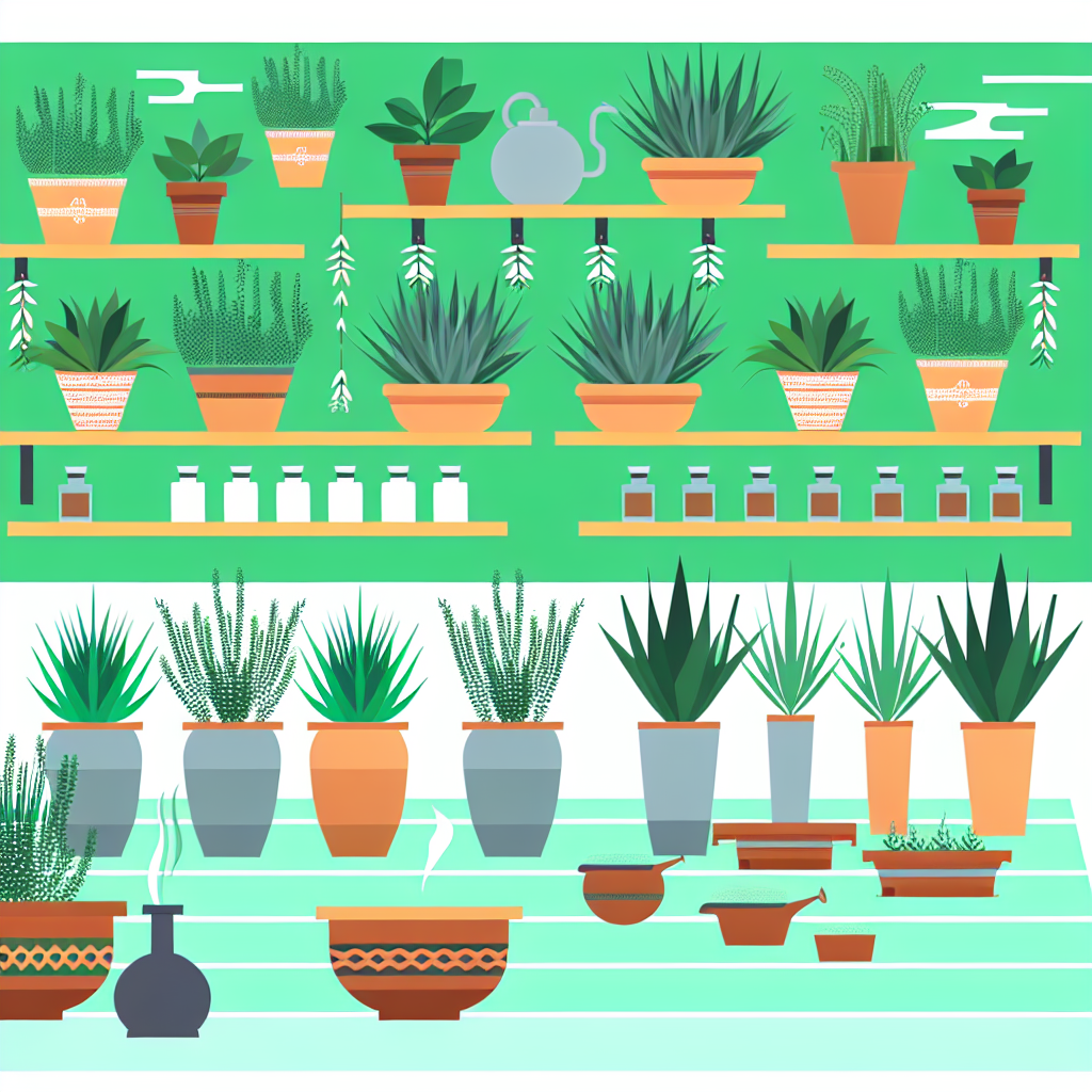 Bahçede çeşitli aromatik bitkiler saksılarda düzenlenmiş görünüm