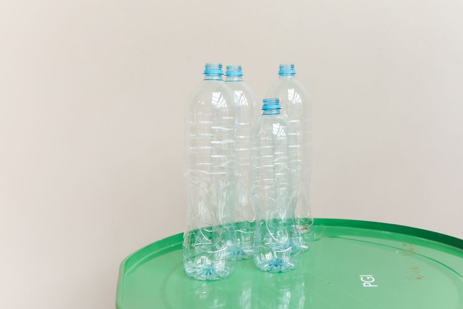 Geri dönüşümlü plastik şişelerle dikey bahçe kurulumu gösteren fotoğraf